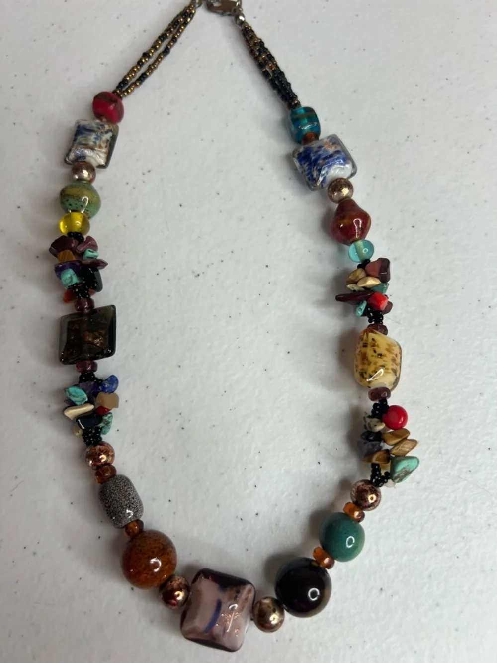 multicolor glass Ceramic bronze decorated bead boho necklace Chunky mix rock - Picture 3 of 5